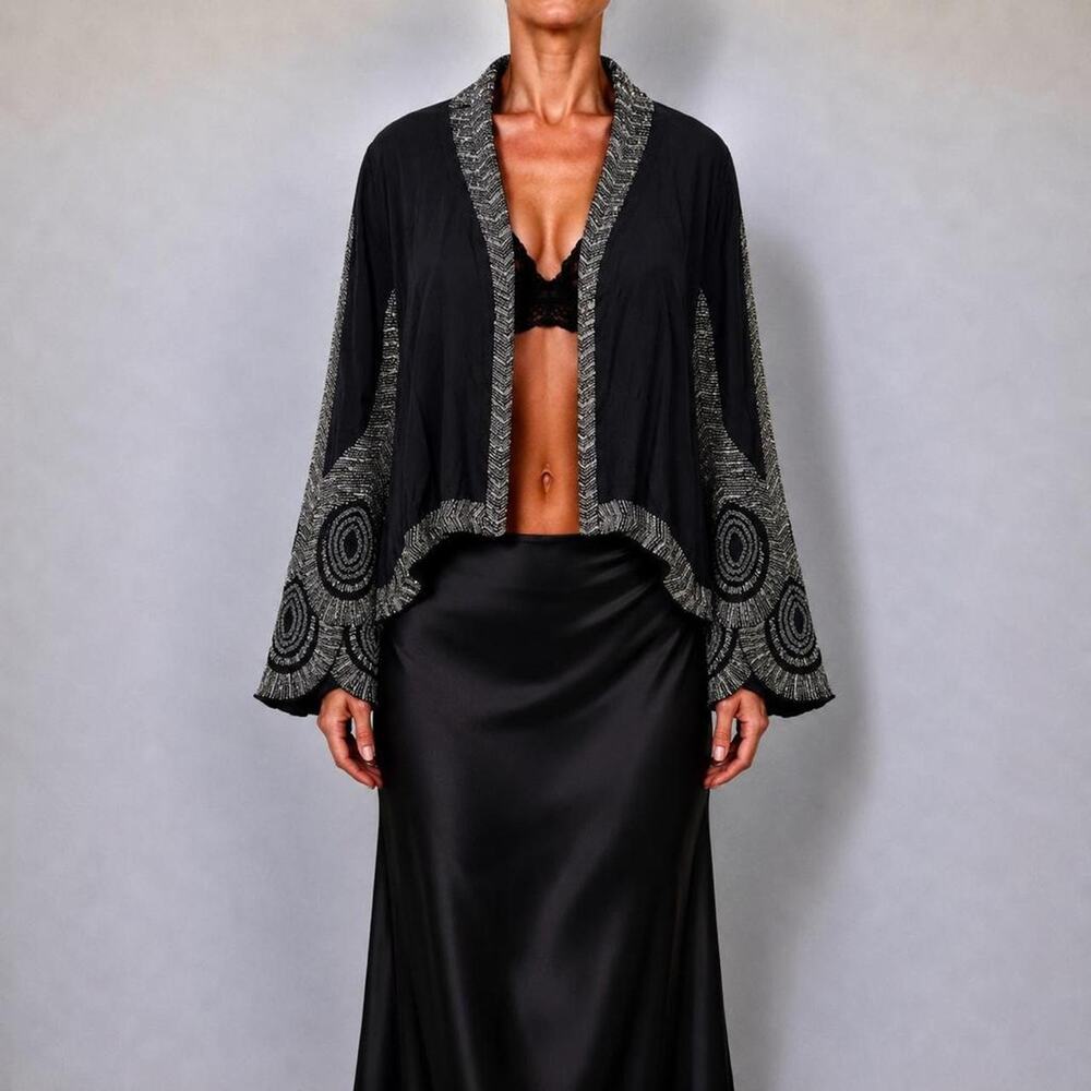 RARE Vintage Free People Beaded Black Kimono Luxury Boho Evening Jacket Size M/L